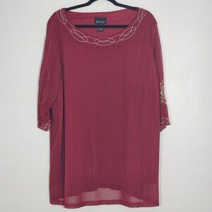 Lane Bryant Top 26/28 Burgundy Mandala Embroidery Lined Sheer SS Round Neck Boho